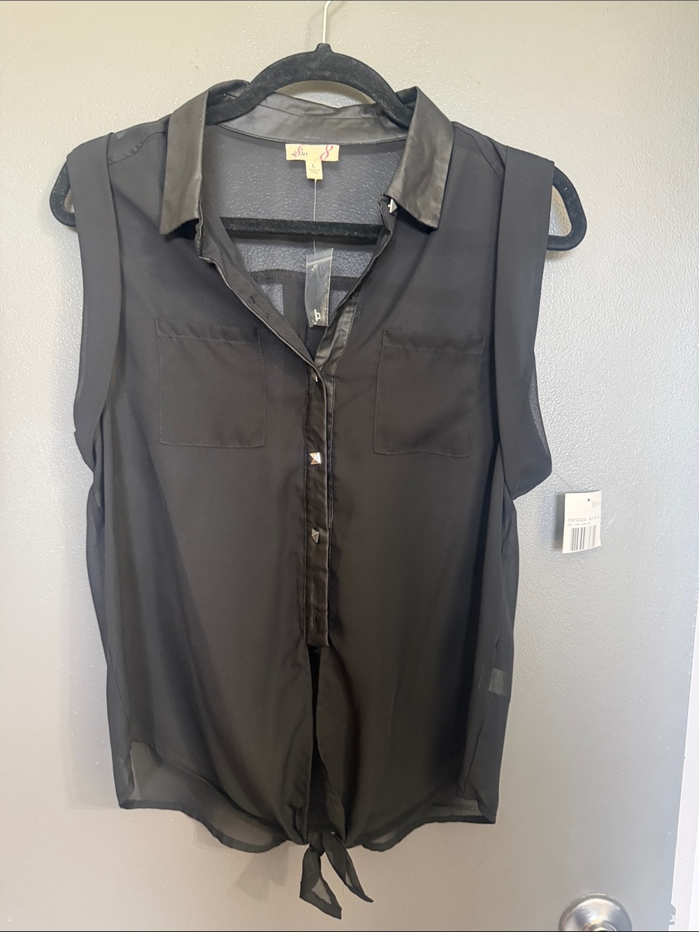 L8ter Black Sheer Tie-Front Sleeveless Blouse Large NWT